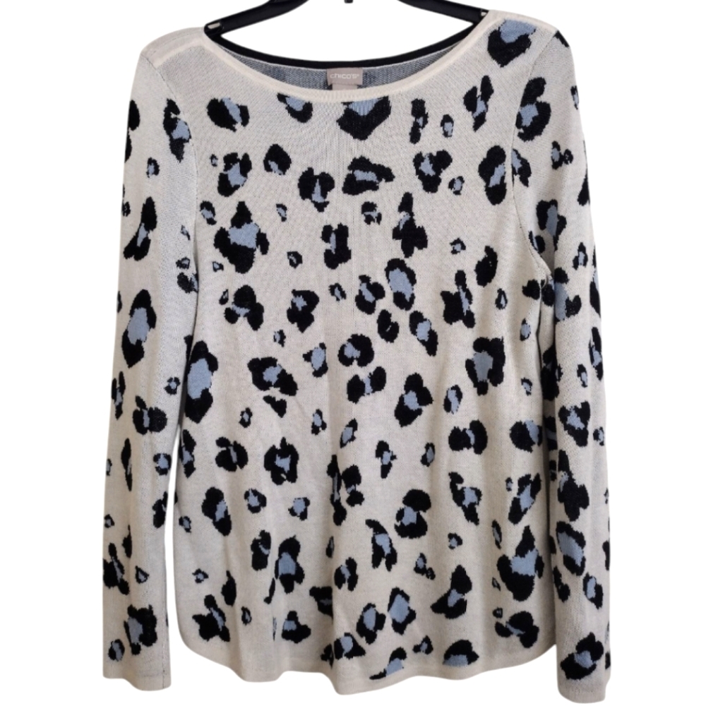 Chico's Animal Print Sweater Bateau Neck Sweater Light Blue Black Size 0 (4)